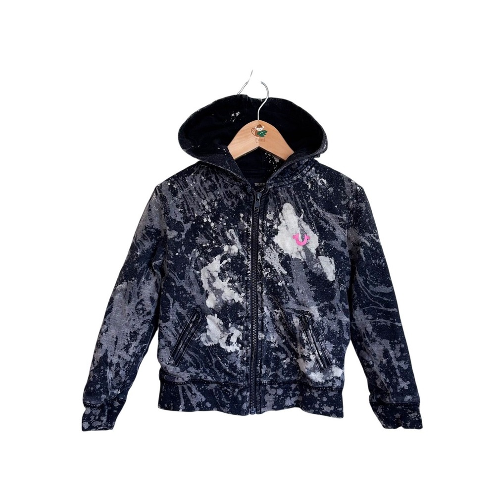 True Religion Kids Moto Bleach Splatter Hoodie Jacket 4 Black Zip 100% Cotton